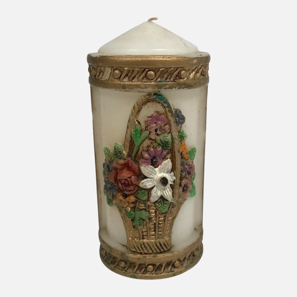 Vintage Floral Basket Relief Pillar Candle Gold Trim Decorative White Wax